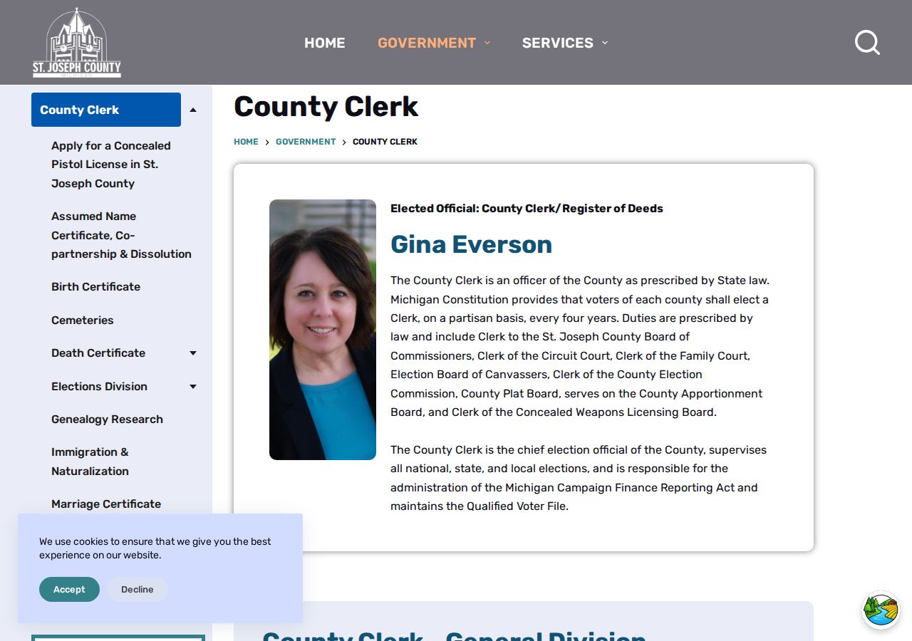 St. Joseph County Clerk and Register of Deeds page describing office duties and divisions