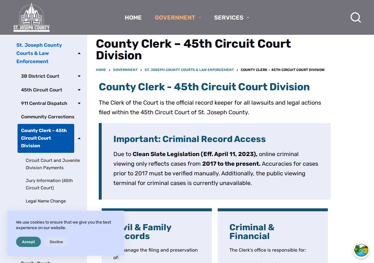 St. Joseph County Clerk 45th Circuit Court Division page and Clean Slate records notice