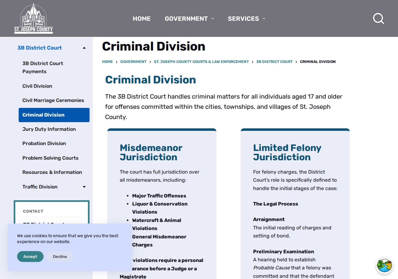 St. Joseph County criminal court records begin at the 3B District Court Criminal Division