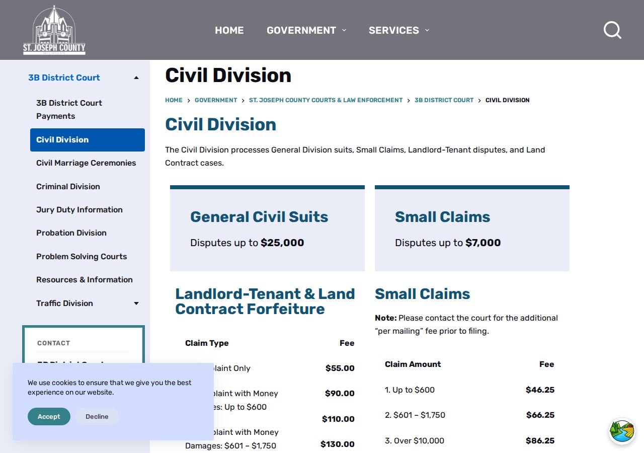 St. Joseph County 3B District Court Civil Division page and jurisdiction details