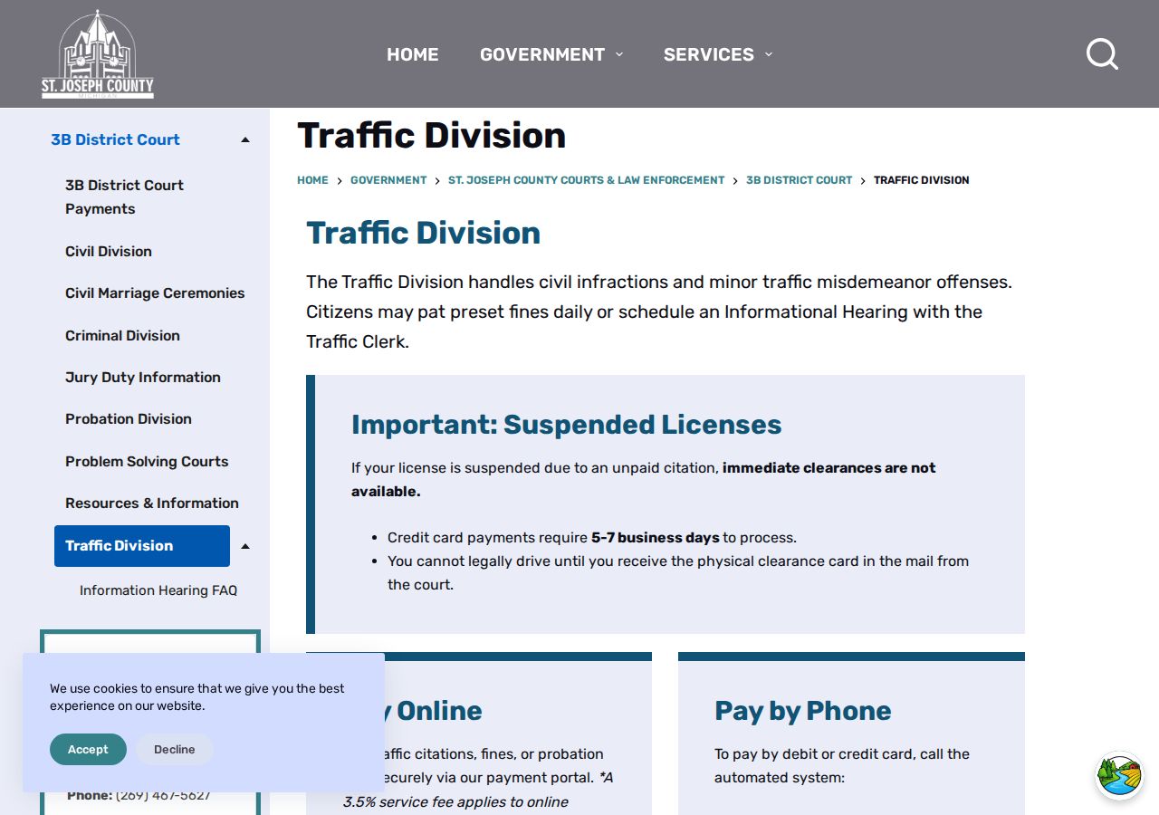 St. Joseph County traffic court records and payment options at the 3B District Court Traffic Division