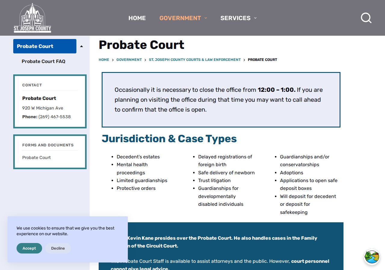 St. Joseph County Probate Court page with Three Rivers address and probate case types