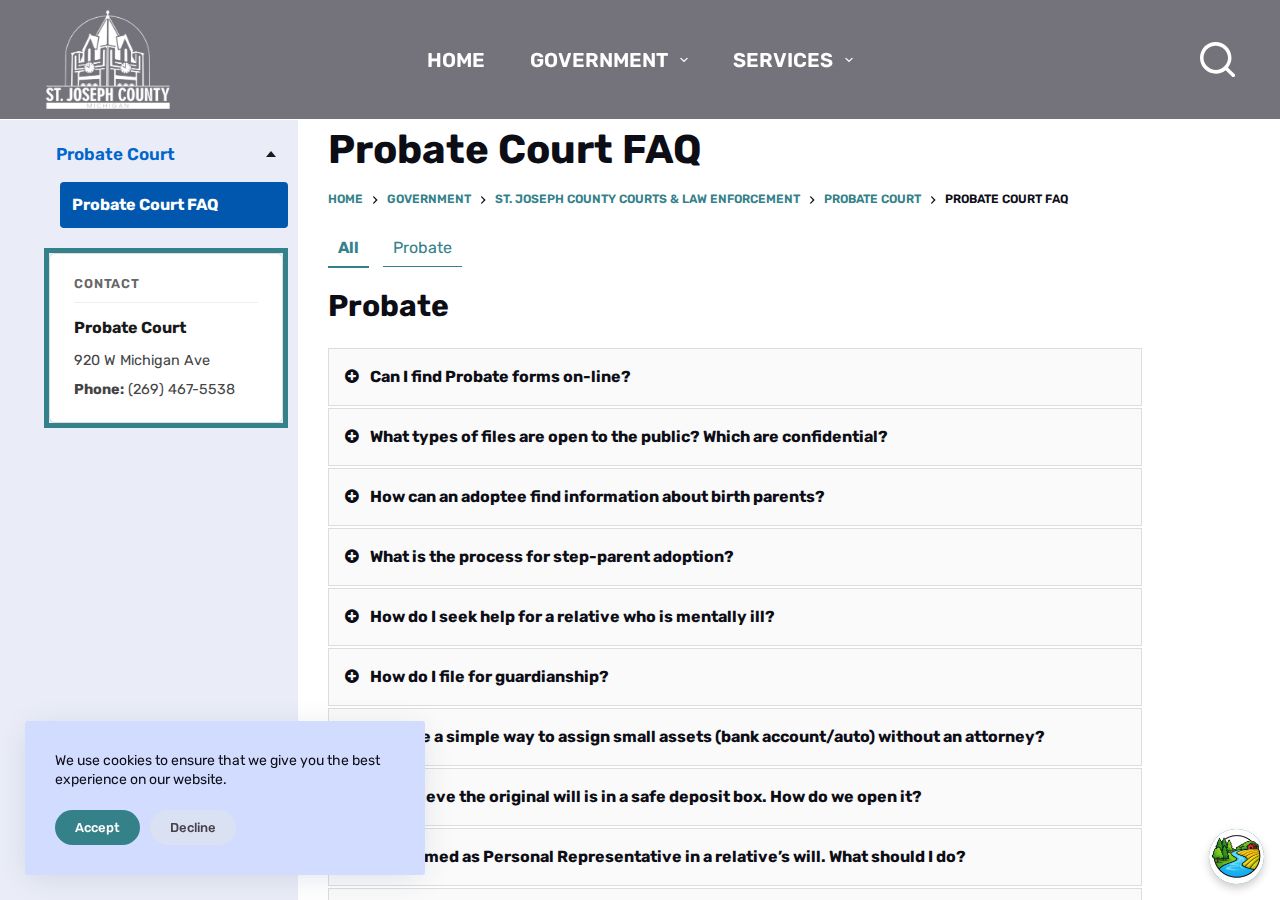 St. Joseph County probate FAQ showing public and confidential probate record categories