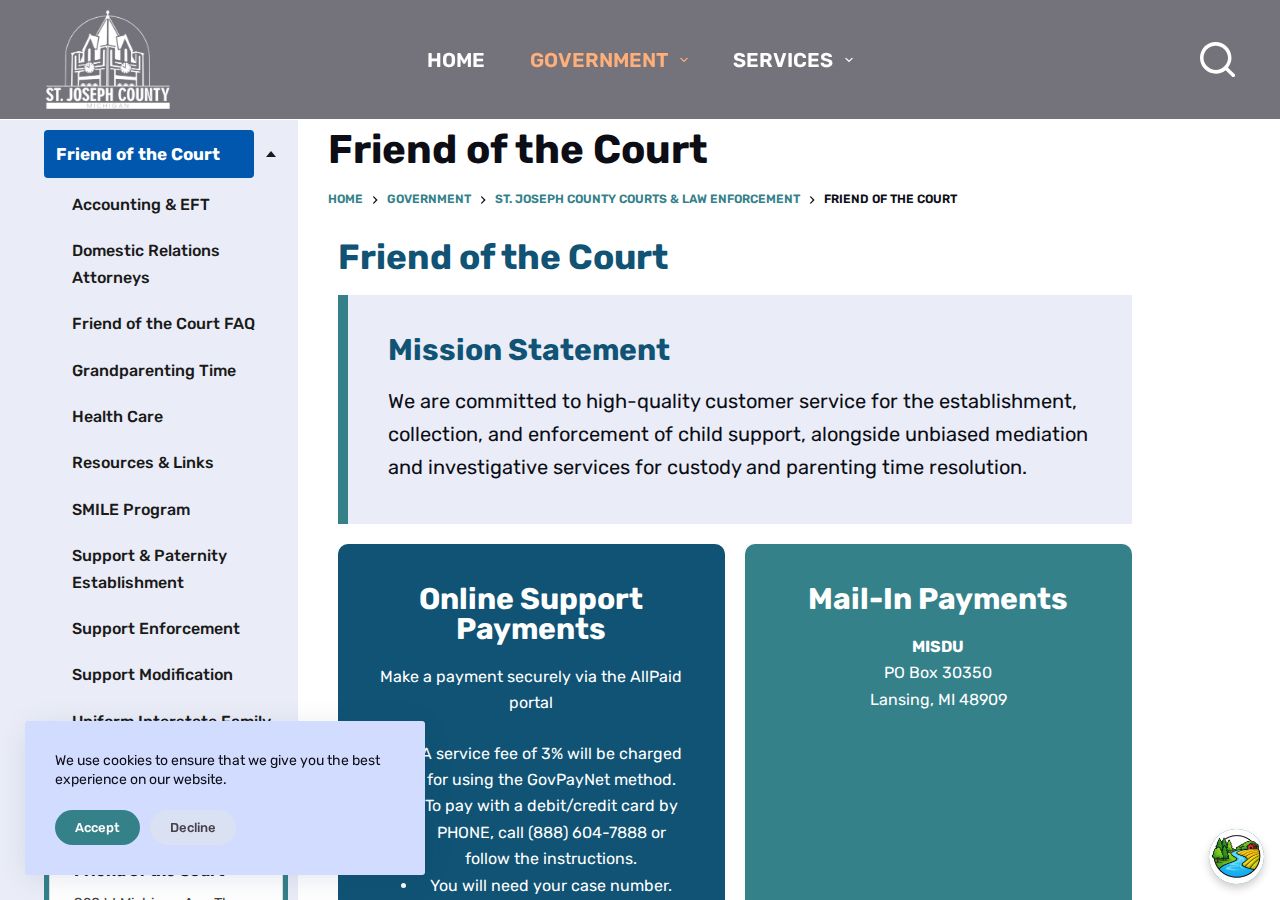 St. Joseph County Friend of the Court page for divorce support and enforcement records