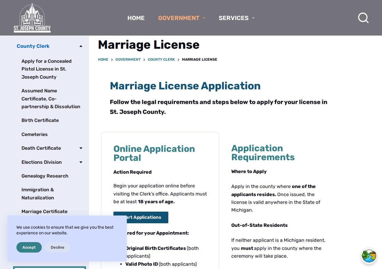 St. Joseph County marriage license application requirements from the County Clerk