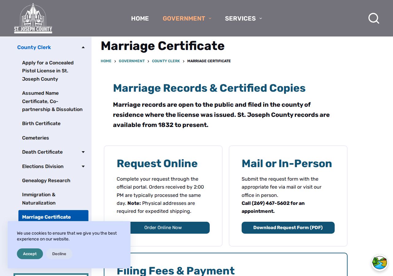 St. Joseph County marriage certificate request page and certified copy fees