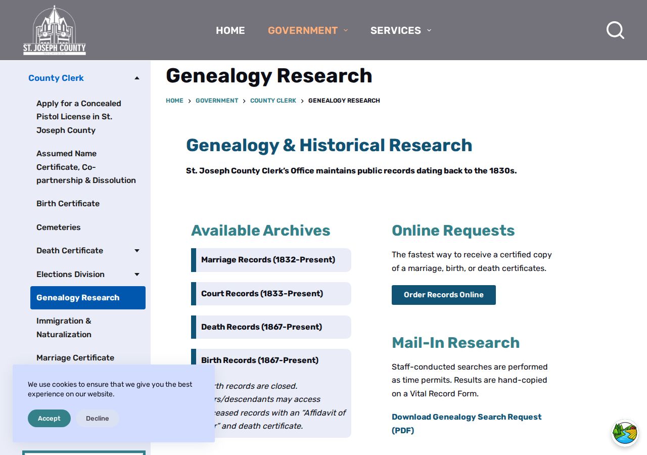 St. Joseph County genealogy research page for historical marriage records