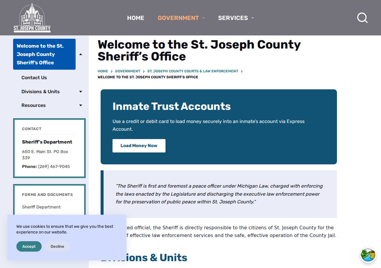 St. Joseph County Sheriff's Office page for inmate and custody information
