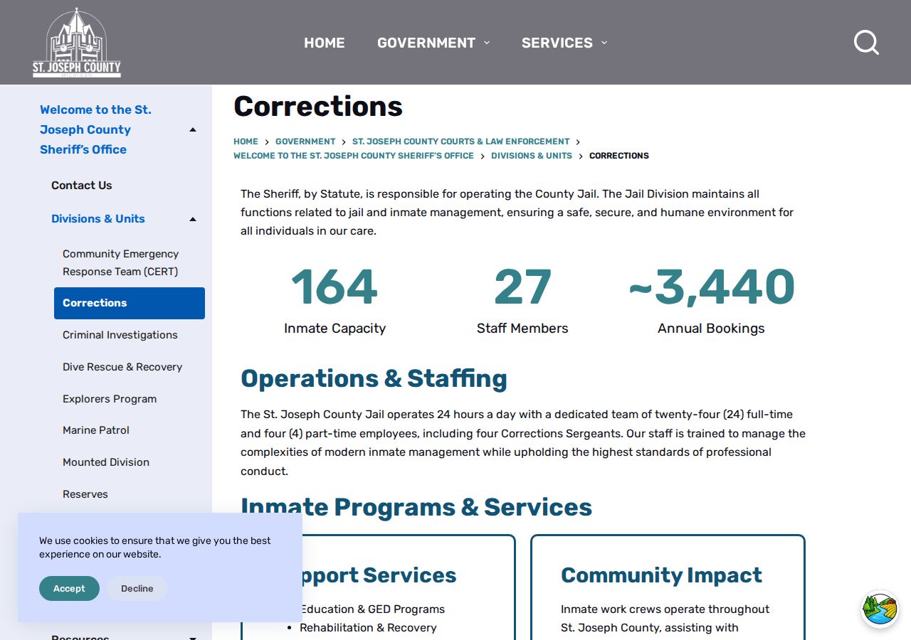 St. Joseph County corrections division page describing jail operation and inmate programs