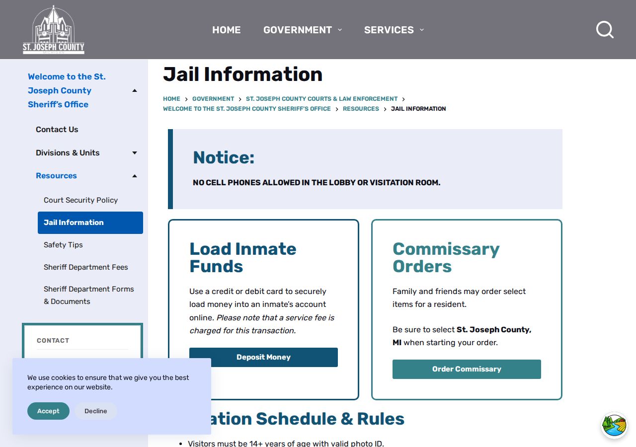 St. Joseph County jail information page for inmate visitation and custody rules