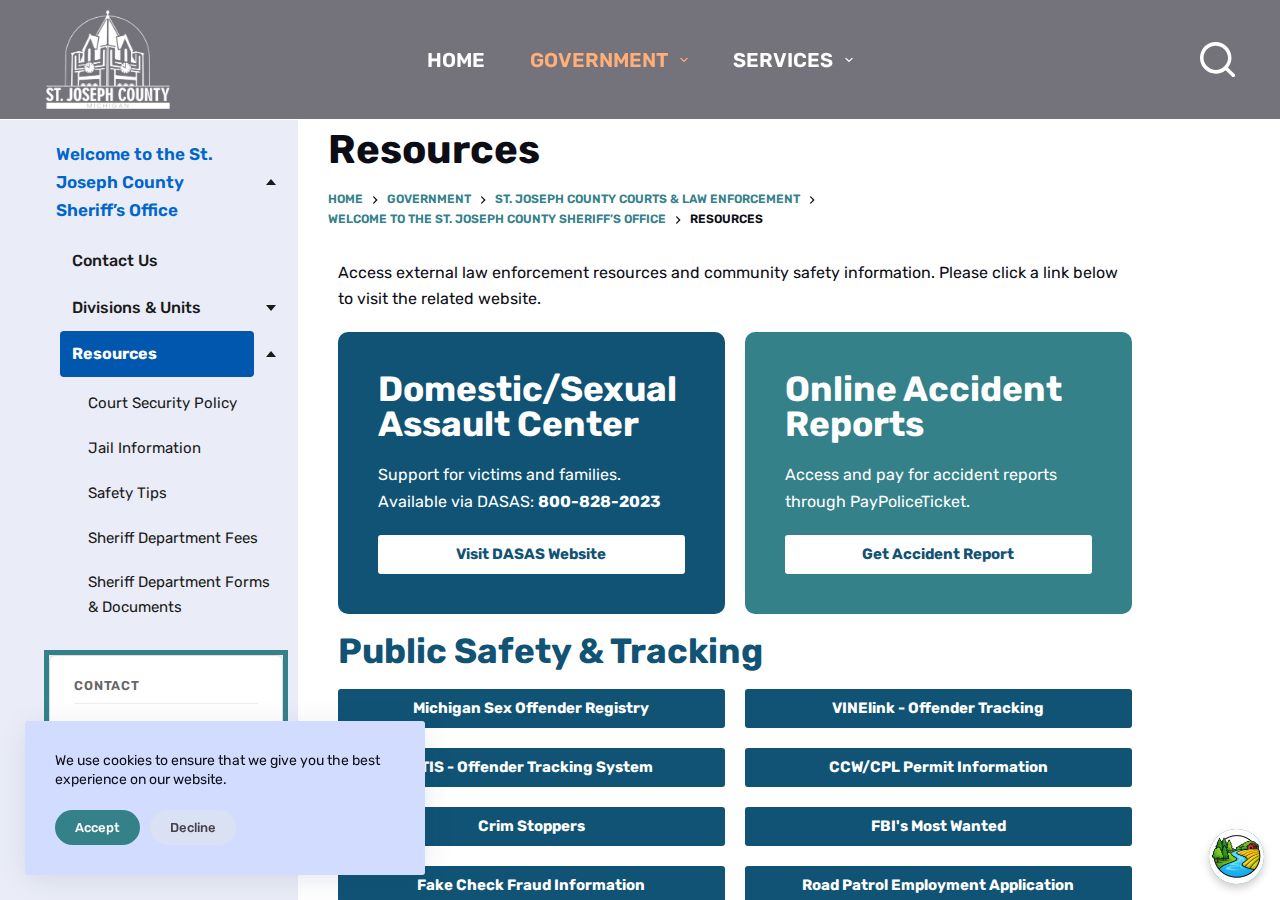 St. Joseph County Sheriff resources page used when checking warrant records