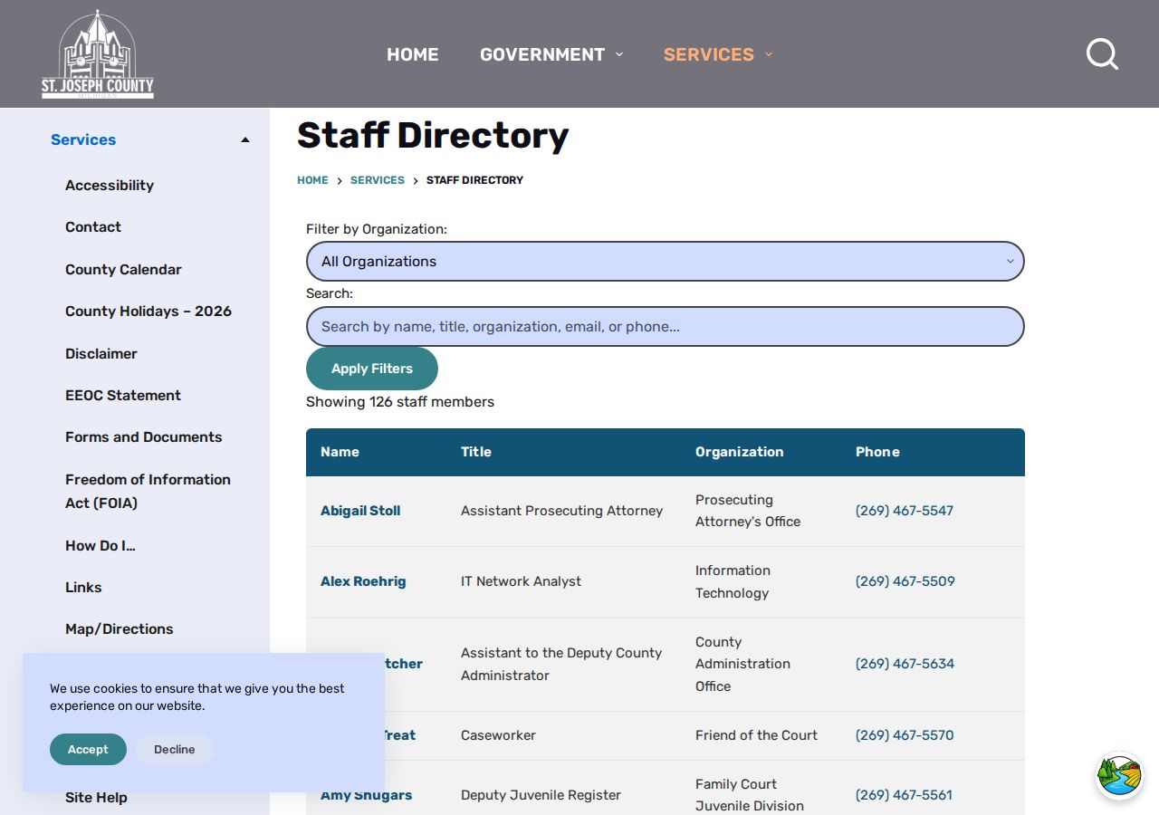 St. Joseph County staff directory used to verify arrest records and court charges