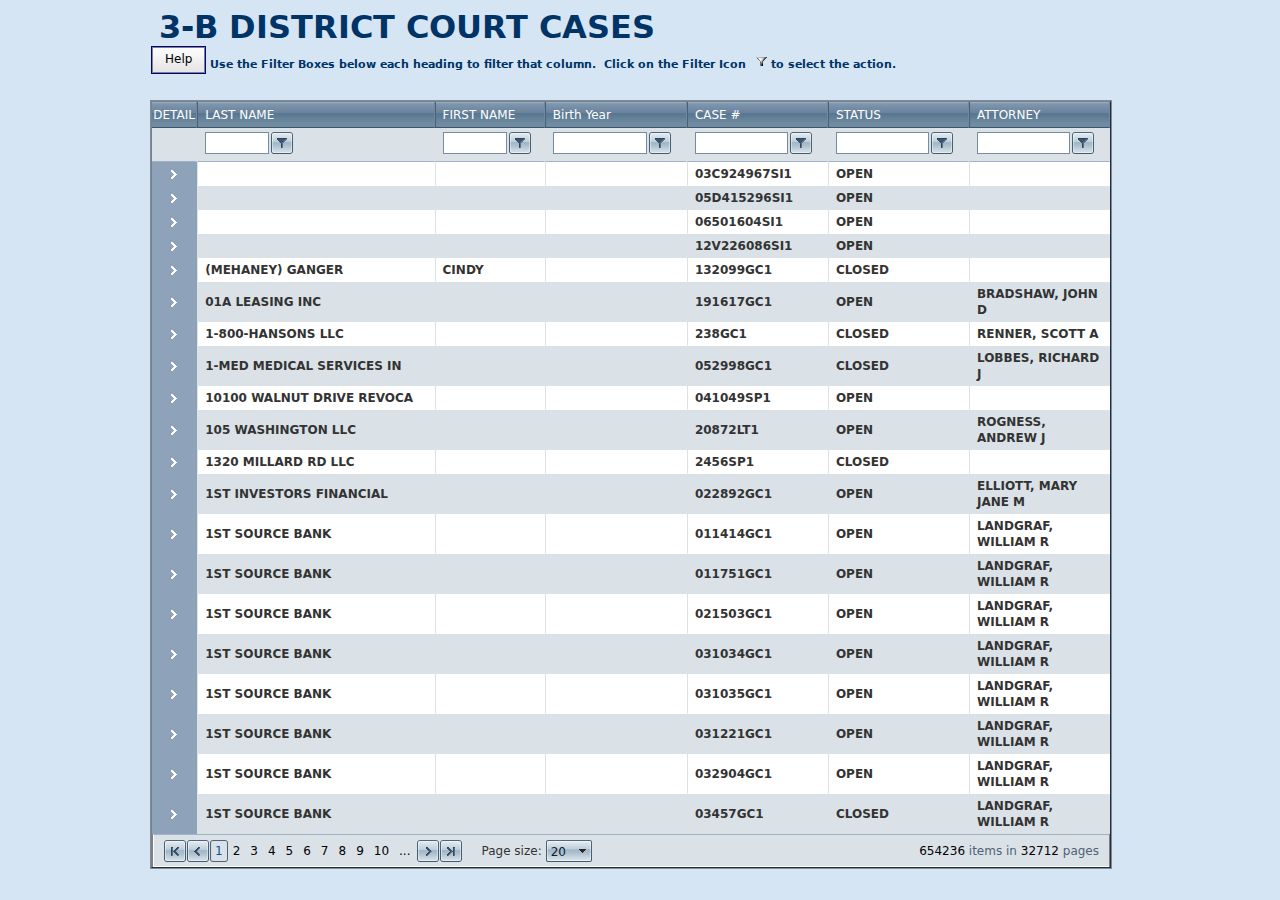 St. Joseph County court records in the 3B District Court public case grid