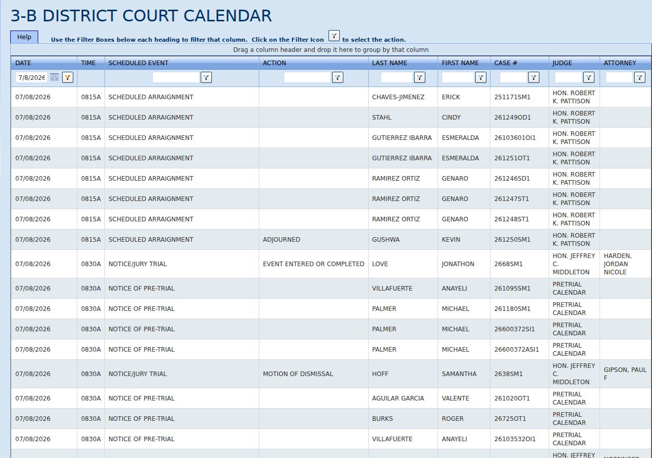 St. Joseph County 3B District Court docket calendar showing scheduled court events