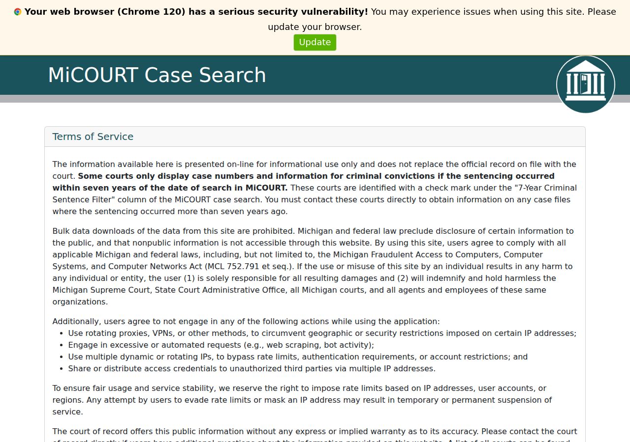 St. Joseph County court records search on the Michigan MiCOURT case-search portal