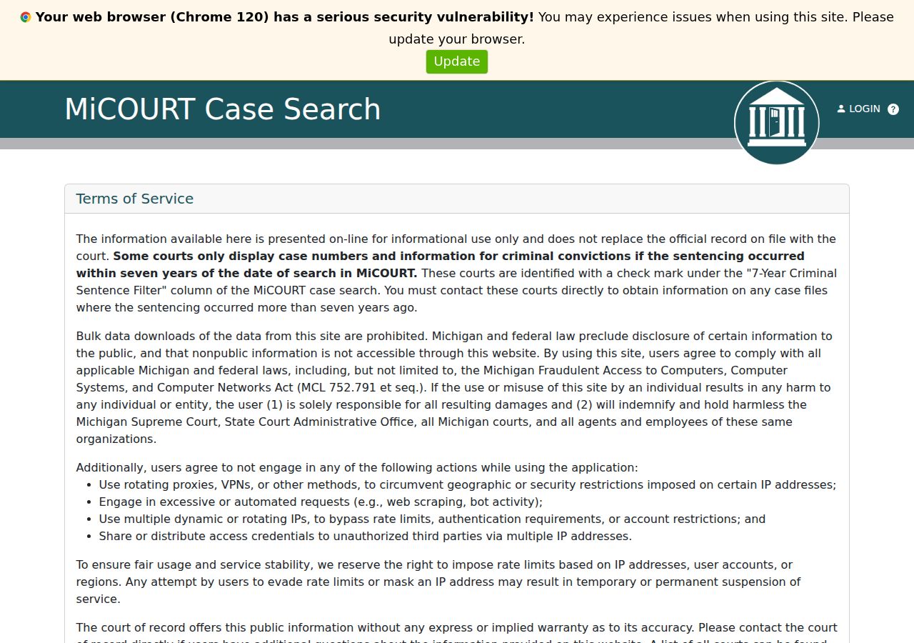St. Joseph County 45th Circuit Court case search on the Michigan MiCOURT docket portal