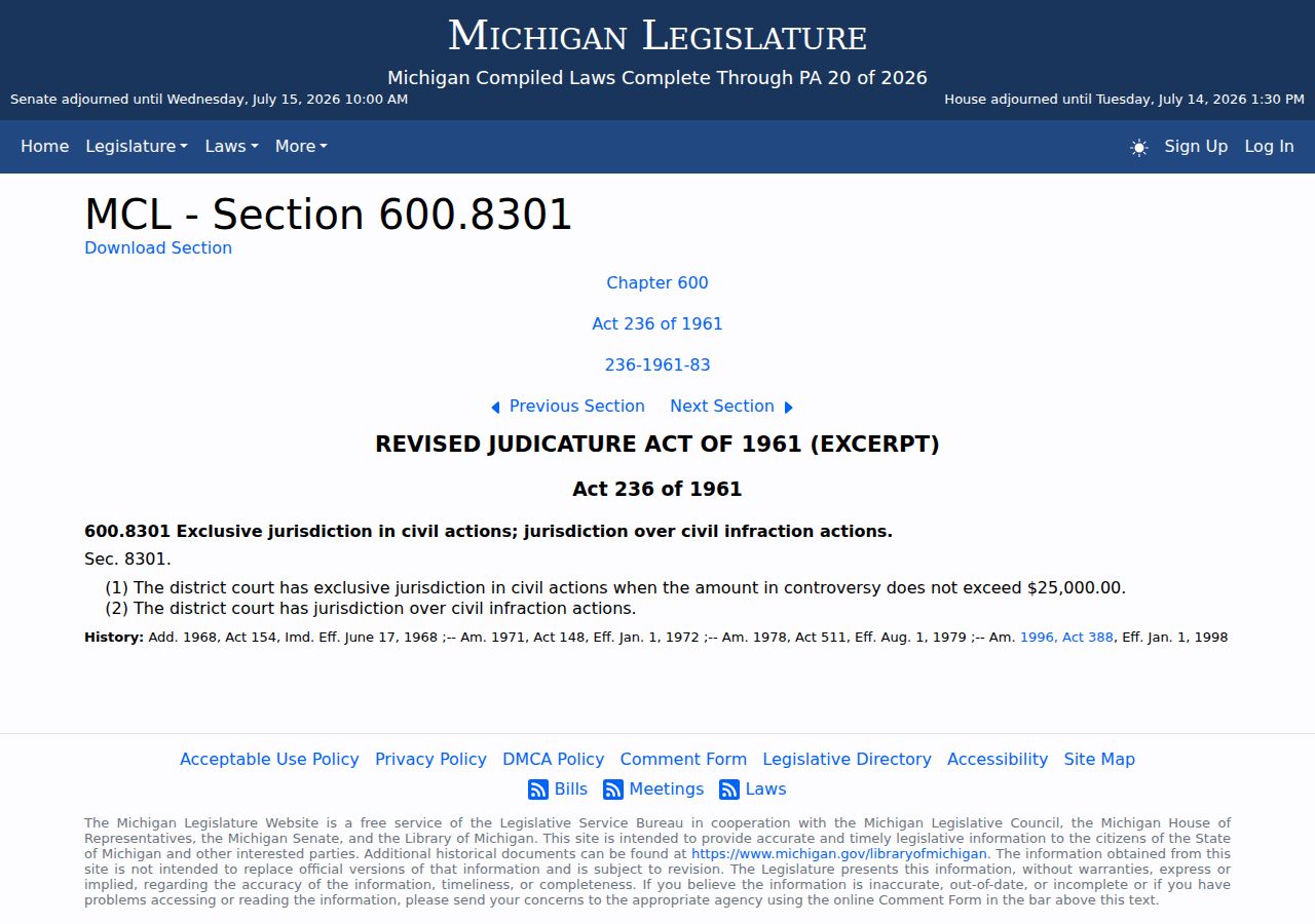 Michigan statute setting District Court civil limits for St. Joseph County court records