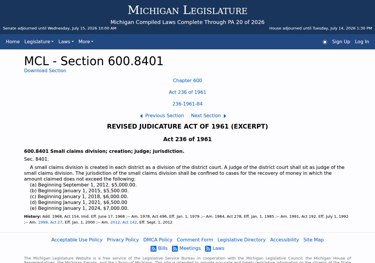 Michigan small claims statute affecting St. Joseph County District Court records