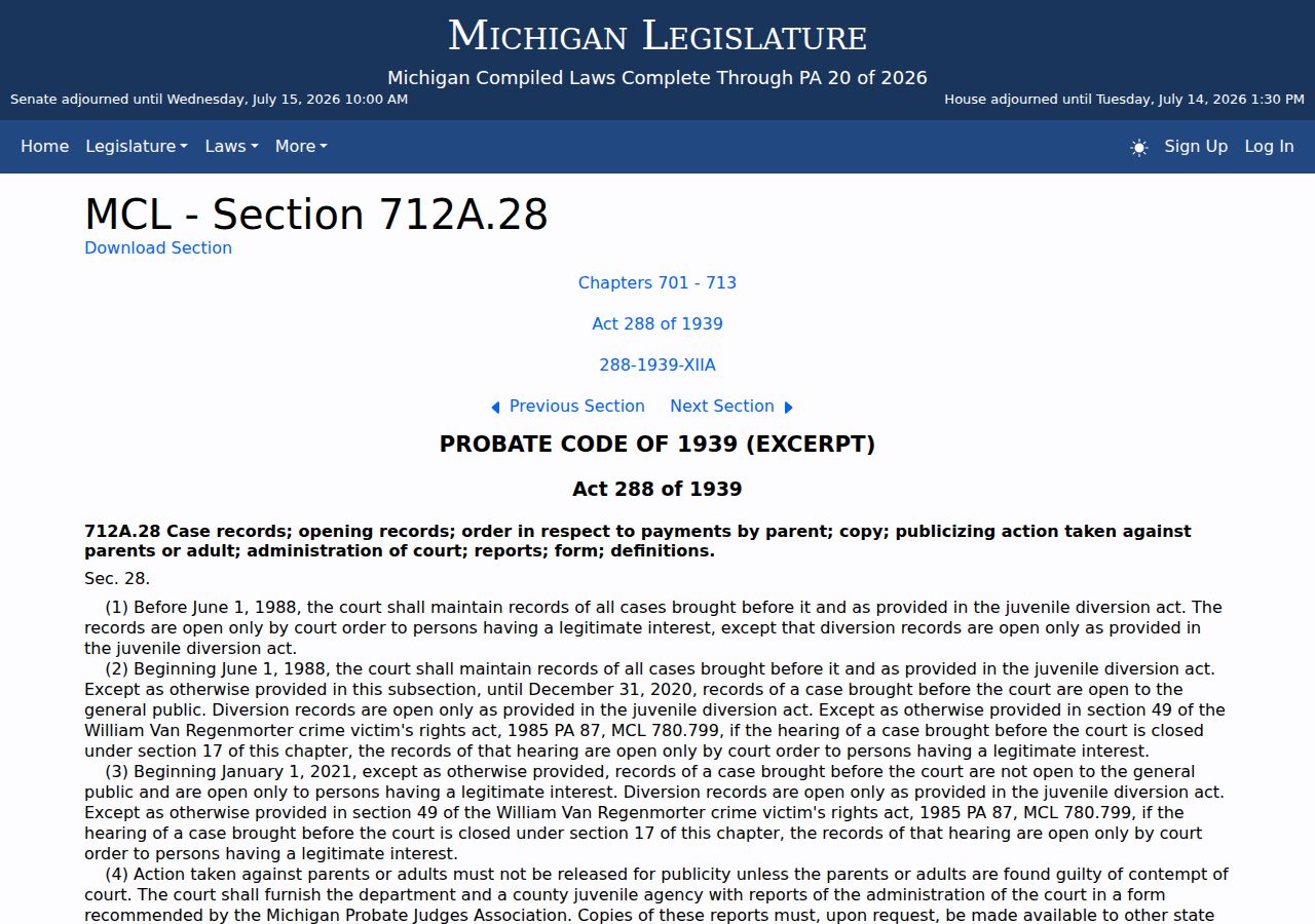 St. Joseph County juvenile arrest records restricted under Michigan law MCL 712A.28