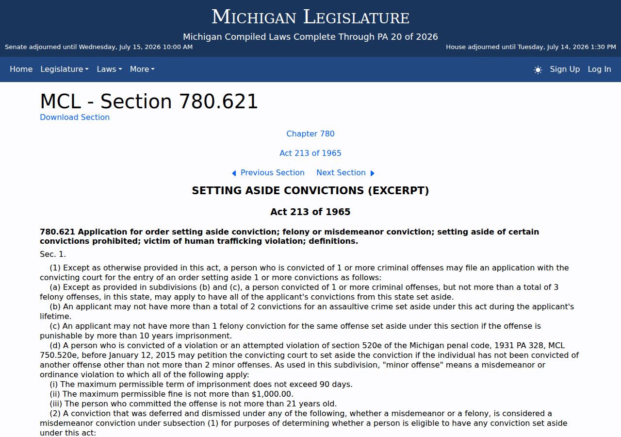 St. Joseph County criminal court records set-aside rules under Michigan MCL 780.621