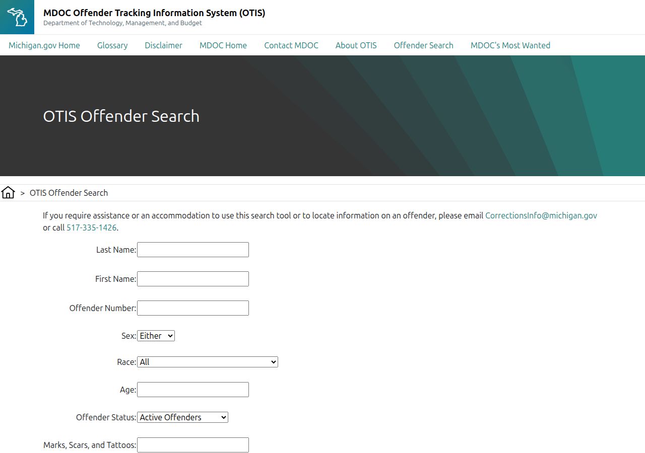 OTIS offender search fields used for Michigan and St. Joseph County inmate records