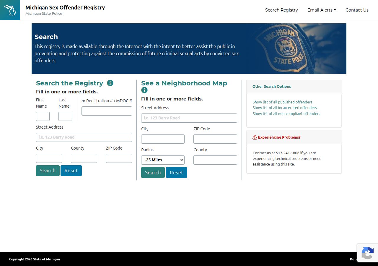 Michigan sex offender registry search screen for St. Joseph County inmate records research