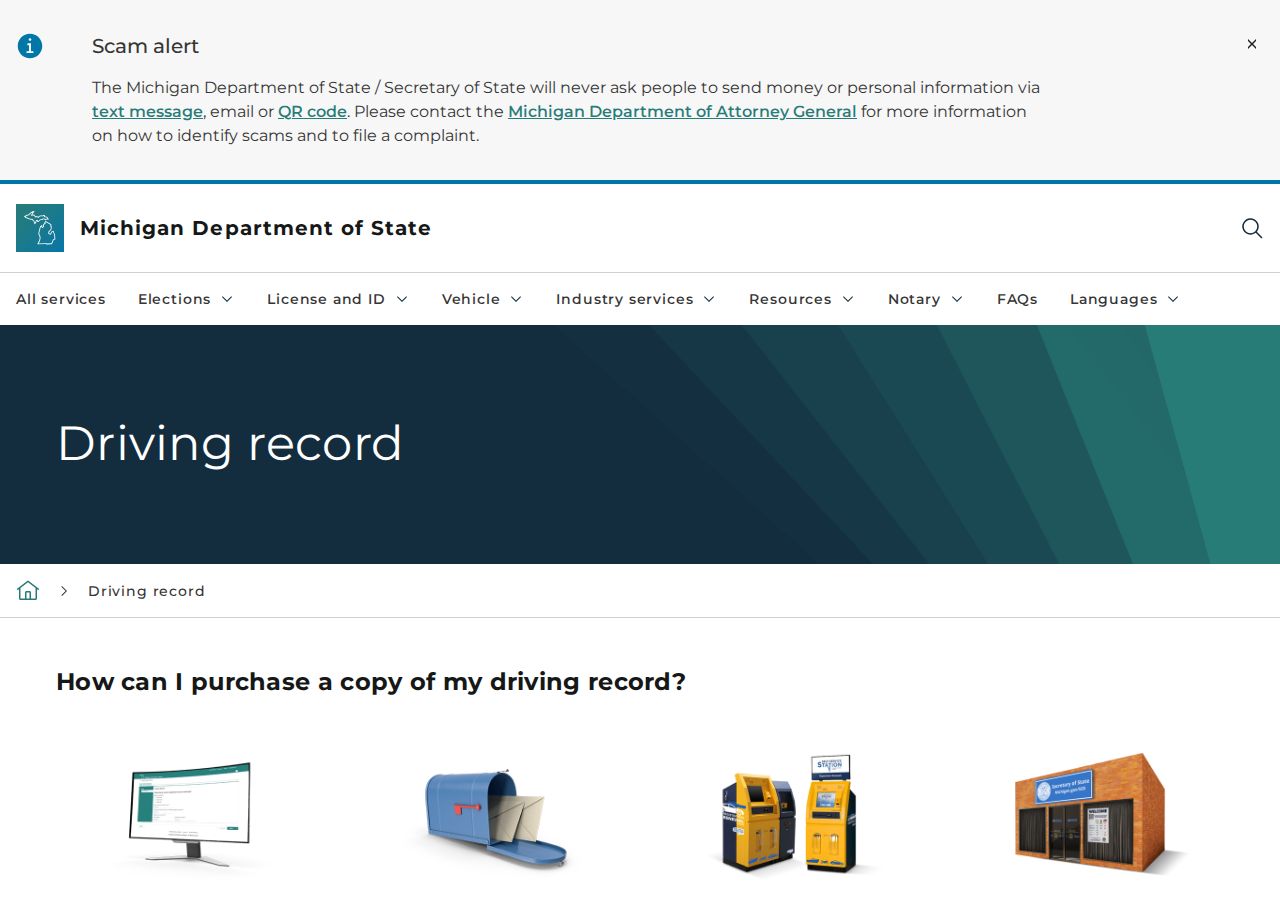 Michigan Secretary of State driving record page, separate from St. Joseph County traffic court records