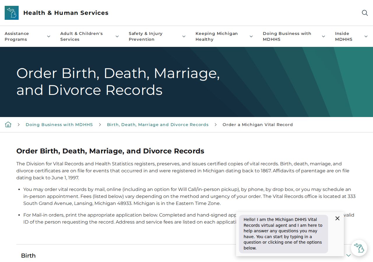Michigan MDHHS vital records page for St. Joseph County marriage and divorce copies