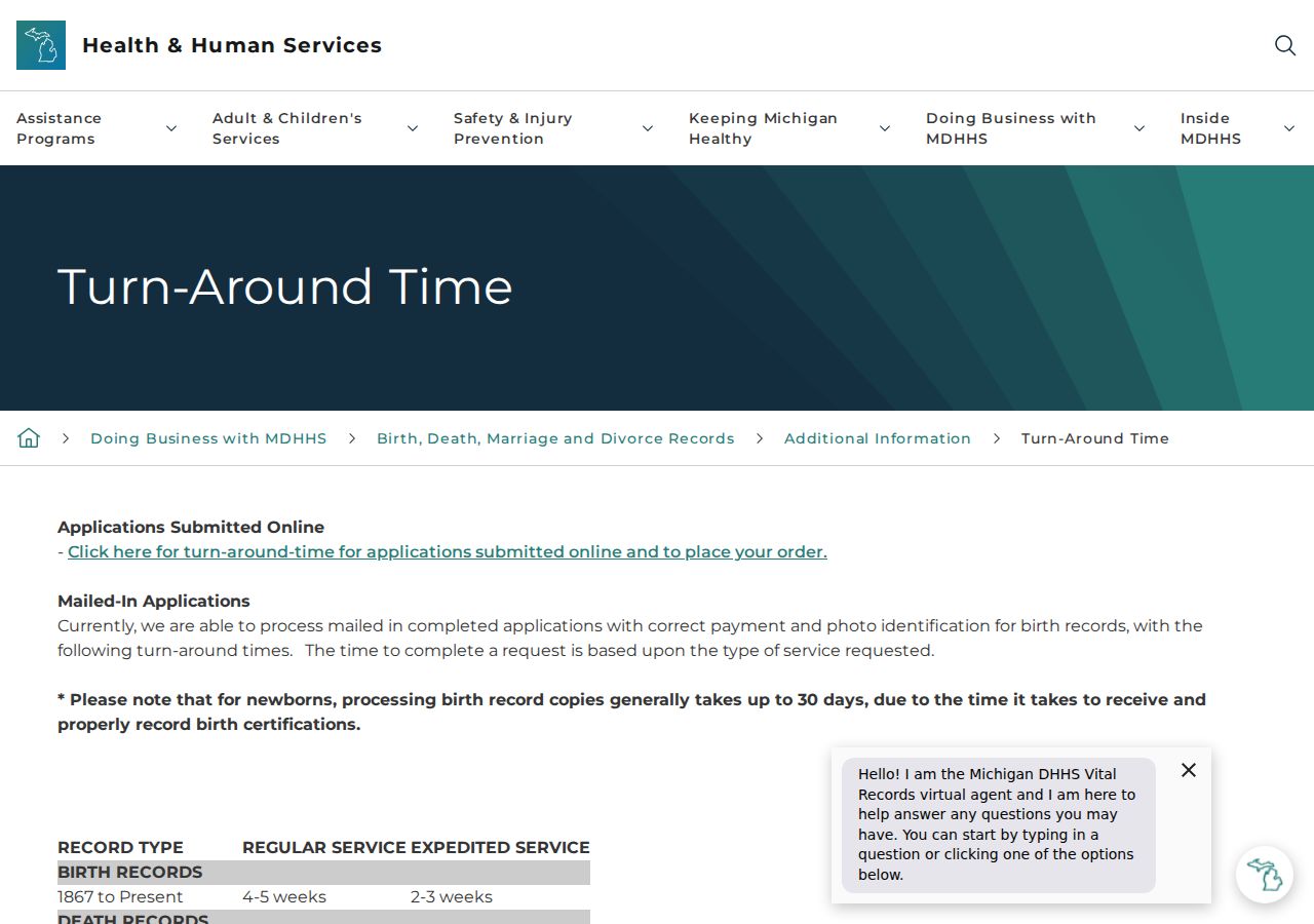 Michigan turnaround times for St. Joseph County marriage and divorce record requests