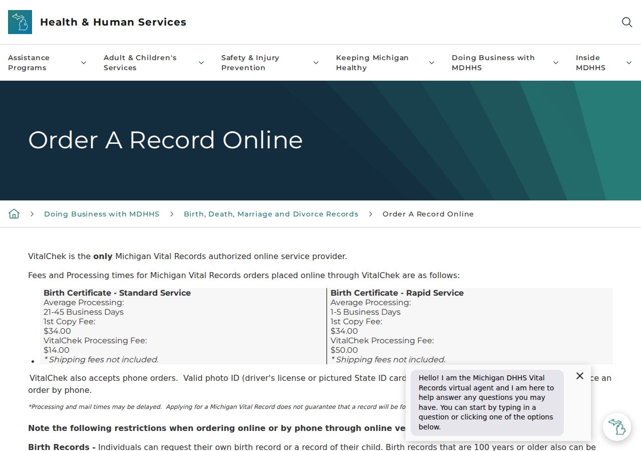 Michigan online vital record ordering for St. Joseph County divorce and marriage copies