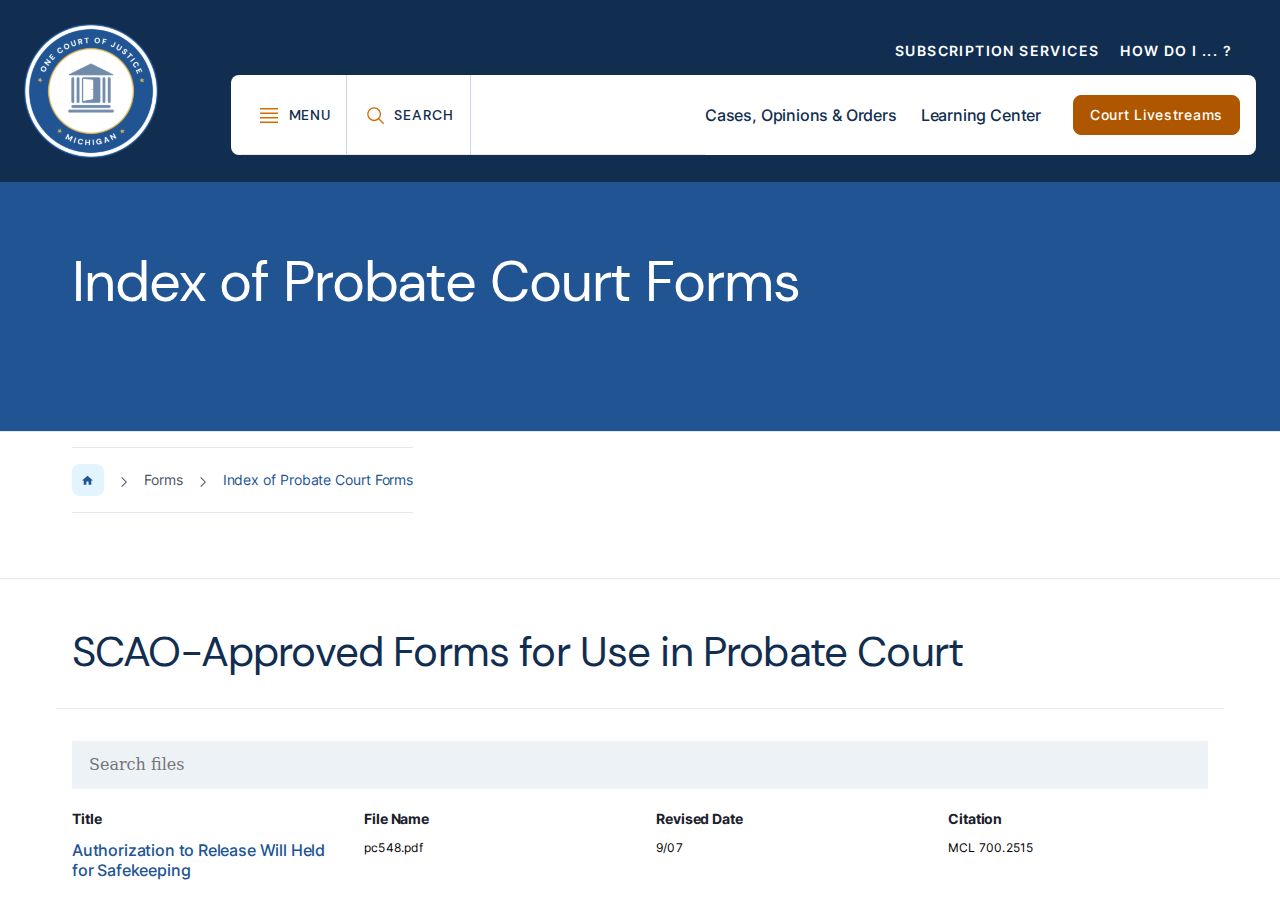 Michigan SCAO probate court forms used for St. Joseph County probate records
